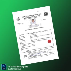 customizable India Odisha Nurses Midwives Registration Council Certificate of Renewal Registration Template - Word & PDF File Preview