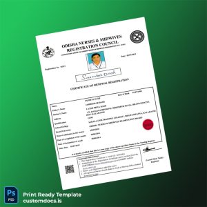 customizable India Odisha Nursing Registration Certificate Template - Word & PDF File Preview