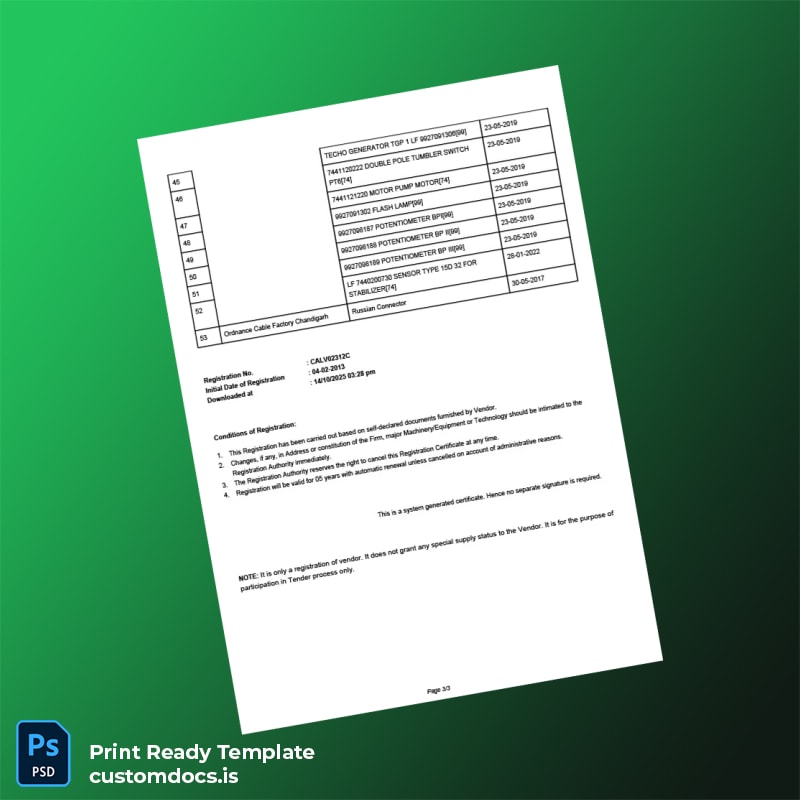 Custom India Ordnance Parachute Factory Business Registration Certificate Template in Word and PDF formats page 3 File Preview - CustomDocs