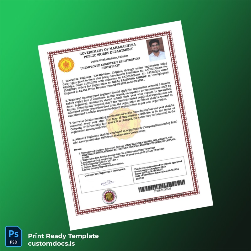 custom India Public Works Division Unemployed Engineer s Registration Certificate Template - Word & PDF File Preview - CustomDocs