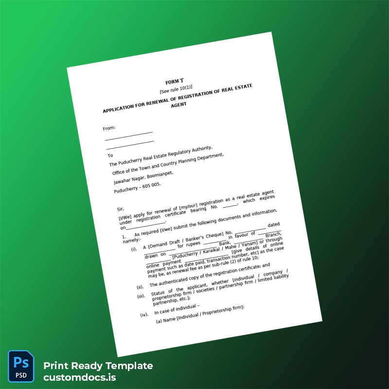 custom India Puducherry Real Estate Regulatory Authority Agent Registration Renewal Form Template - Word & PDF File Preview - CustomDocs