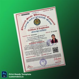 custom India Punjab State Pharmacy Council Registration Certificate Template - Word & PDF File Preview - CustomDocs