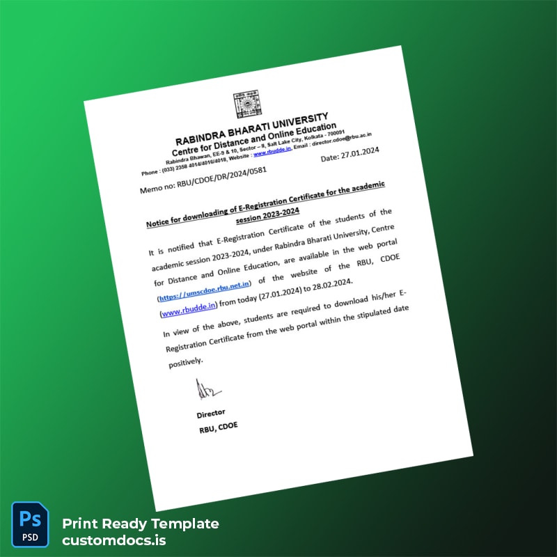 custom India Rabindra Bharati University E Registration Certificate Template - Word & PDF File Preview - CustomDocs