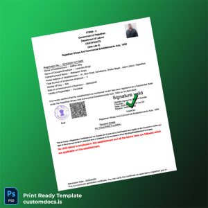 custom India Rajasthan Shops and Commercial Establishments Registration Certificate Template - Word & PDF File Preview - CustomDocs