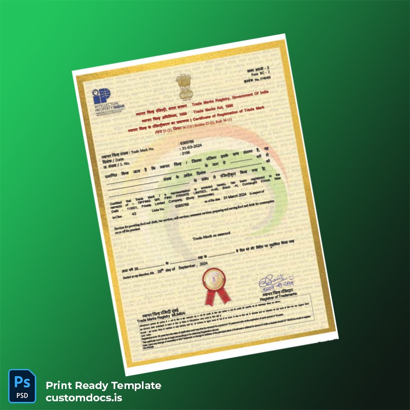 custom India Registrar of Trademarks Registration Certificate Template - Word & PDF File Preview - CustomDocs