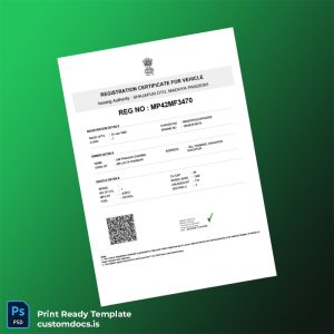 customizable India Shajapur DTO Vehicle Registration Certificate Template - Word & PDF File Preview