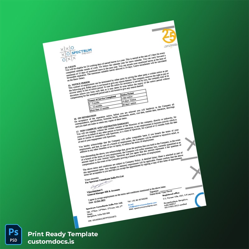 Custom India Spectrum Consultants India Pvt Ltd Employment Verification Letter Template in Word and PDF formats page 3 File Preview - CustomDocs