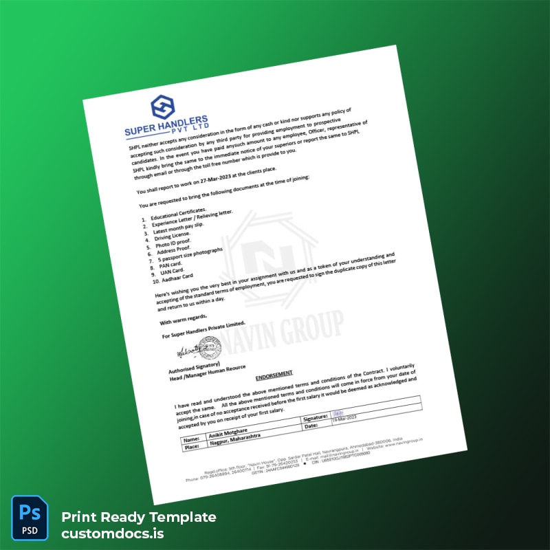 Custom India Super Handlers Private Limited Employment Verification Letter Template in Word and PDF formats page 4 File Preview - CustomDocs