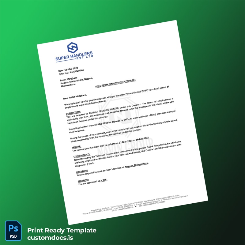 custom India Super Handlers Private Limited Employment Verification Letter Template - Word & PDF File Preview - CustomDocs