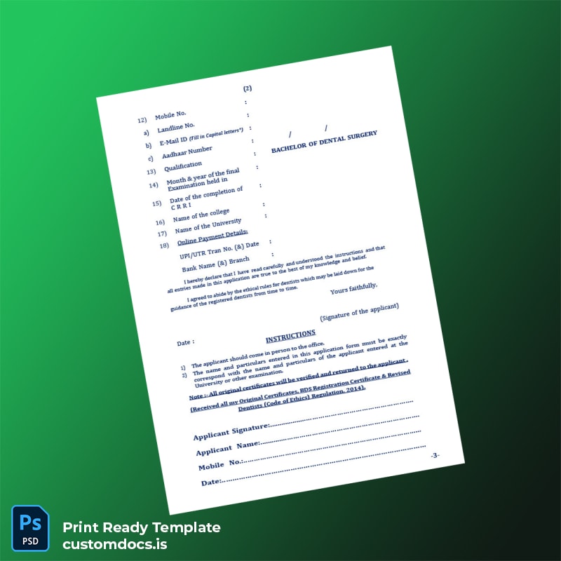 Custom India Tamil Nadu Dental Council BDS Registration Certificate Template in Word and PDF formats page 4 File Preview - CustomDocs