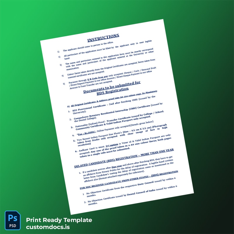 custom India Tamil Nadu Dental Council BDS Registration Certificate Template - Word & PDF File Preview - CustomDocs