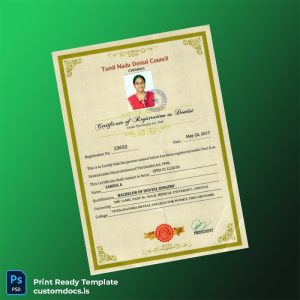 custom India Tamil Nadu Dental Council Certificate of Registration as Dentist Template - Word & PDF File Preview - CustomDocs