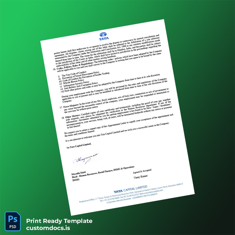 Custom India Tata Capital Limited Employment Verification Letter Template in Word and PDF formats page 3 File Preview - CustomDocs