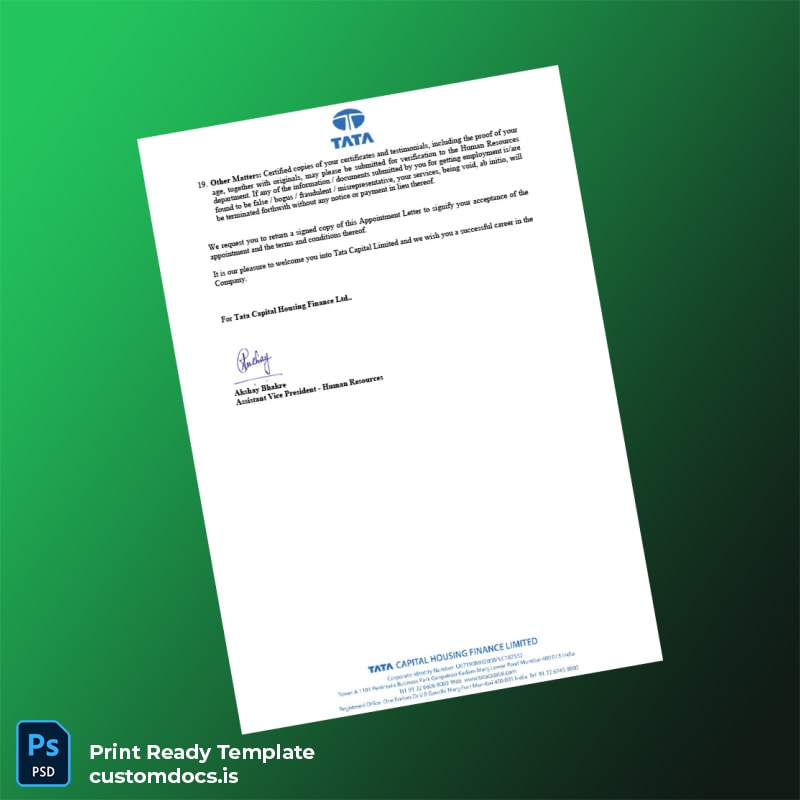 Custom India Tata Capital Limited Employment Verification Letter Template in Word and PDF formats page 4 File Preview - CustomDocs