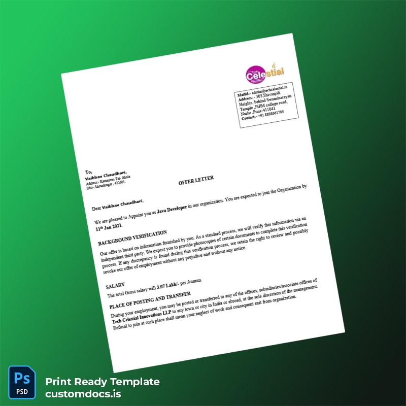 custom India Tech Celestial Innovations LLP Employment Verification Letter Template - Word & PDF File Preview - CustomDocs