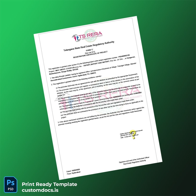 custom India Telangana State Real Estate Regulatory Authority Registration Certificate Template - Word & PDF File Preview - CustomDocs