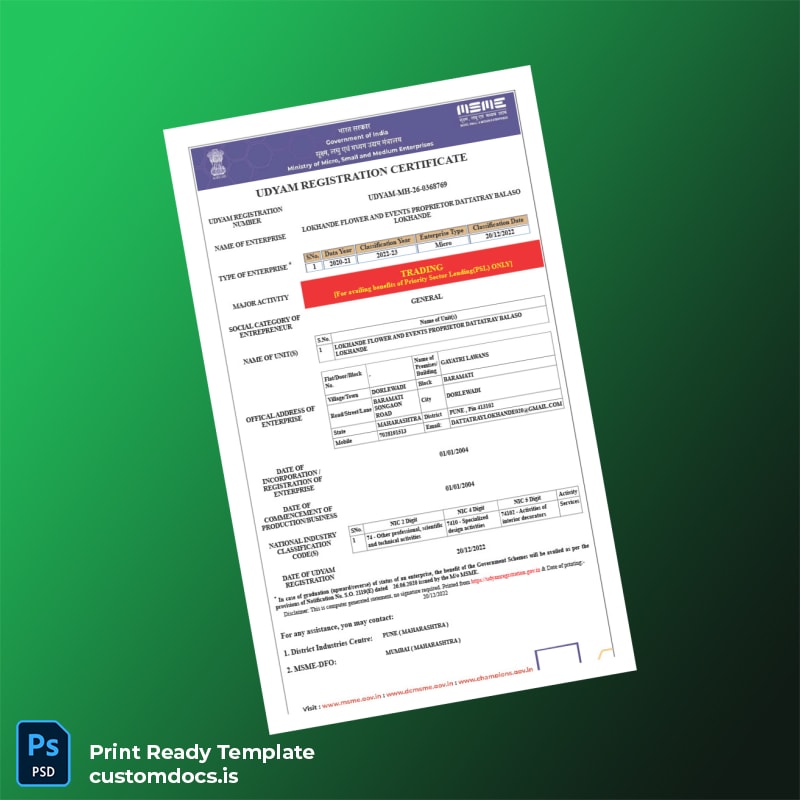 custom India Udyam Ministry of Micro Small and Medium Enterprises Registration Certificate Template - Word & PDF File Preview - CustomDocs