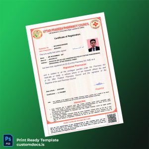custom India Uttar Pradesh Pharmacy Council Registration Certificate Template - Word & PDF File Preview - CustomDocs