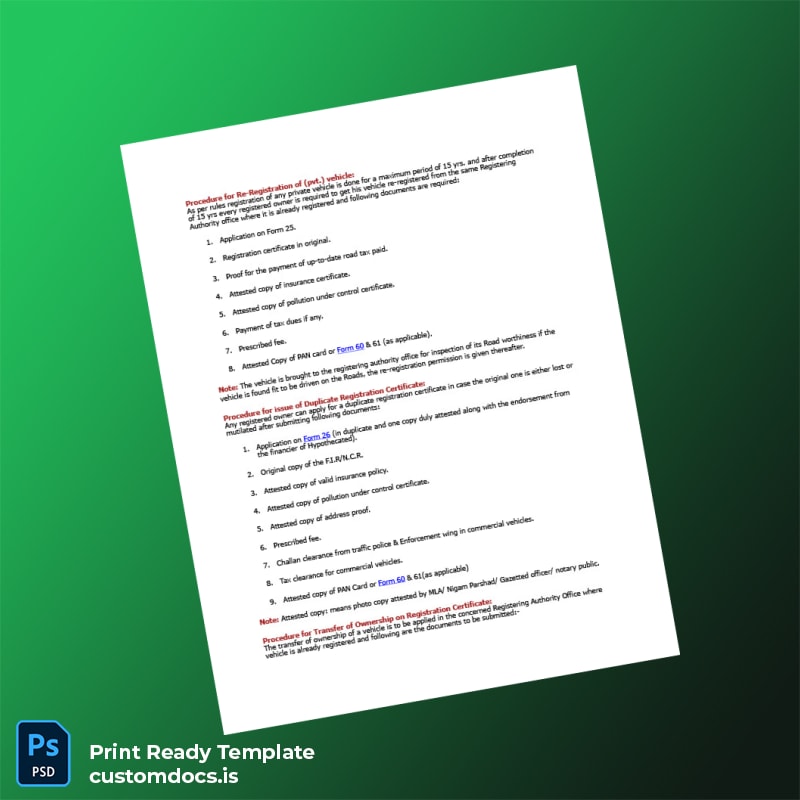 custom India Vehicle Registration Certificate Procedure Document in Word and PDF formats File Preview - CustomDocs