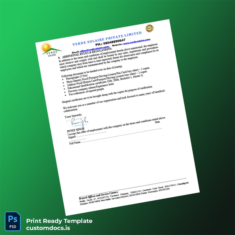 Custom India Verde Solaire Private Limited Employment Verification Letter Template in Word and PDF formats page 3 File Preview - CustomDocs