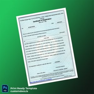 customizable India West Bengal State Tax Department Registration Certificate Template - Word & PDF File Preview