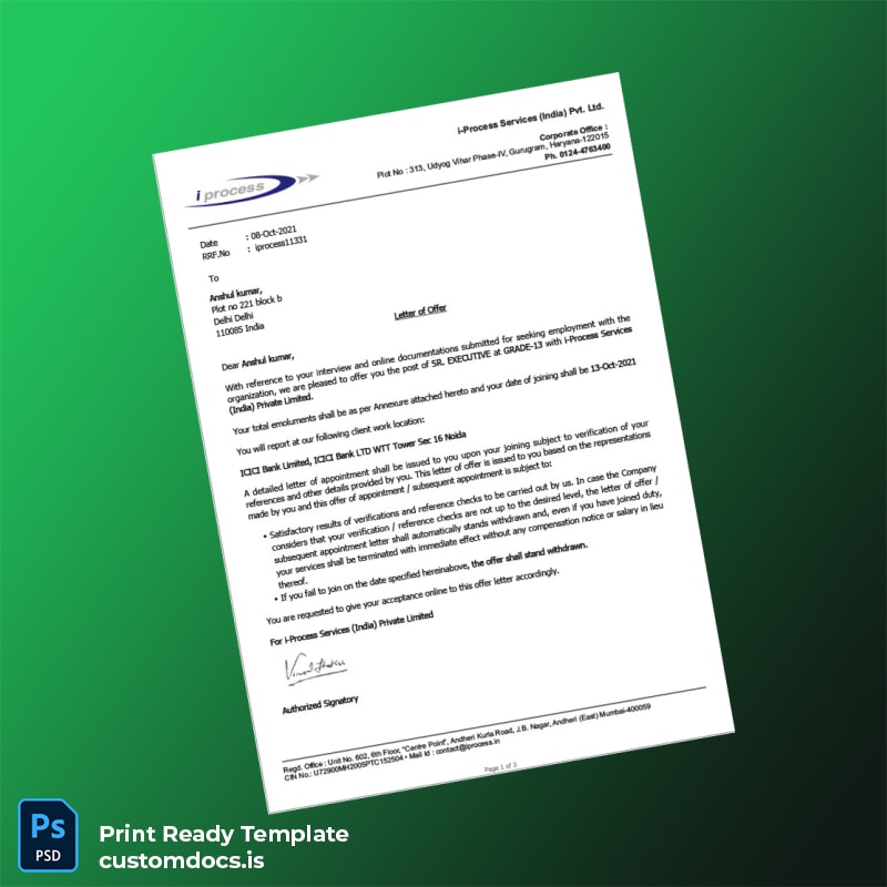 custom India i-Process Services Employment Verification Letter Template - Word & PDF File Preview - CustomDocs