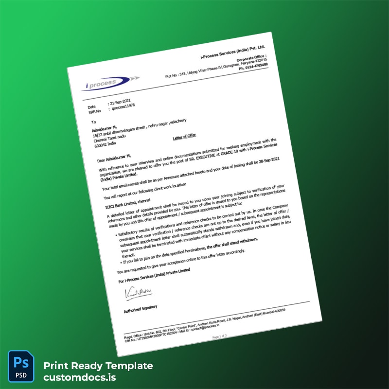 custom India i-Process Services Employment Verification Letter Template - Word & PDF File Preview - CustomDocs