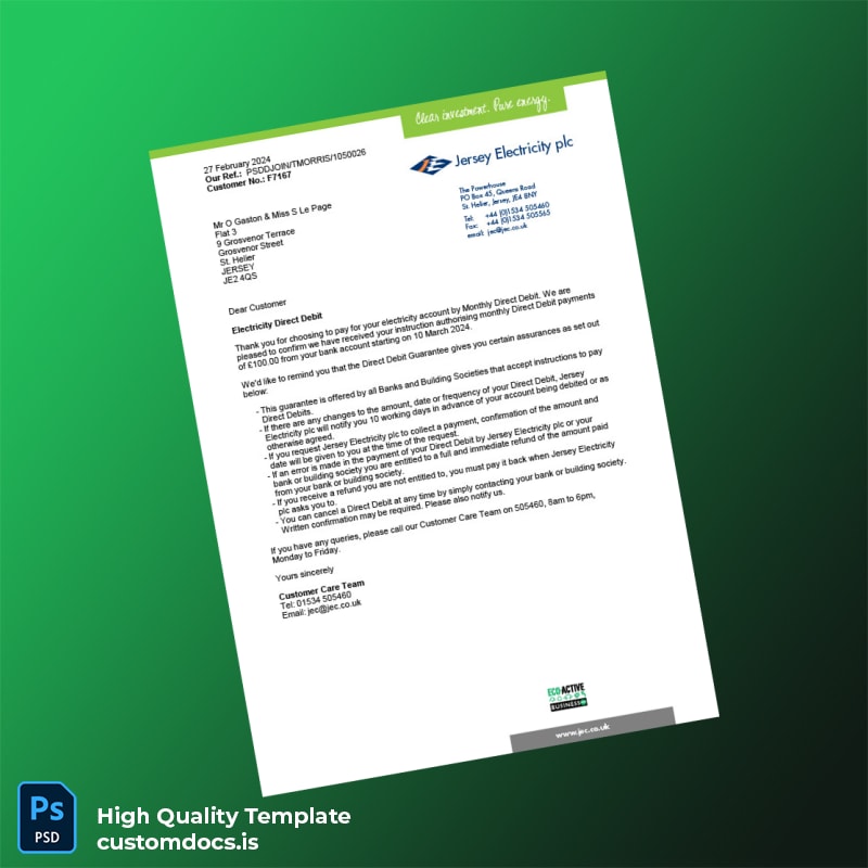 Jersey Jersey Electricity Plc Editable Electricity Bill Template in Word and PDF formats