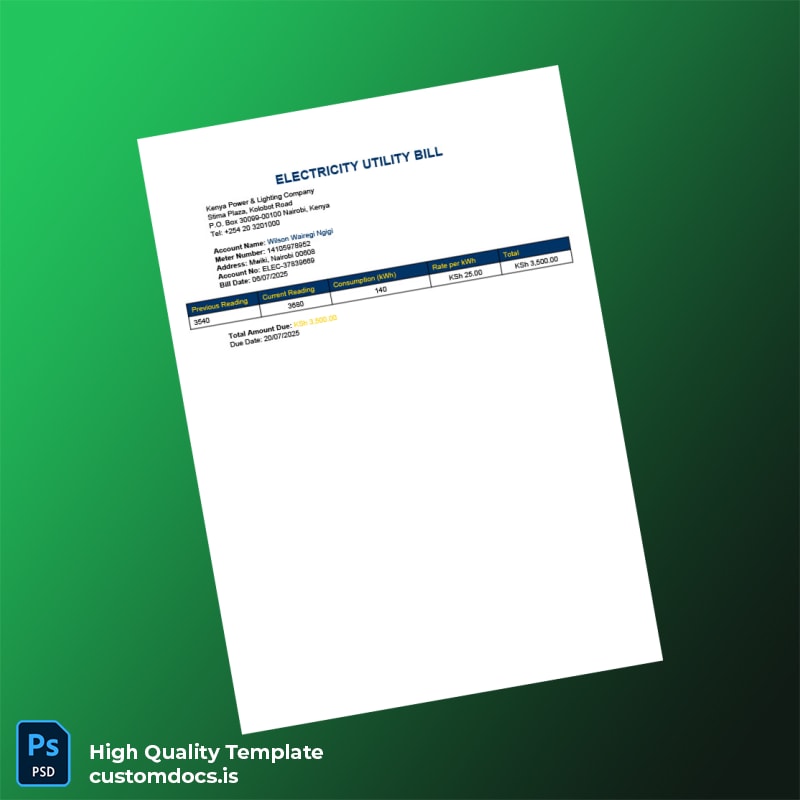 Kenya Kenya Power Lighting Company Editable Electricity Bill Template in Word and PDF formats