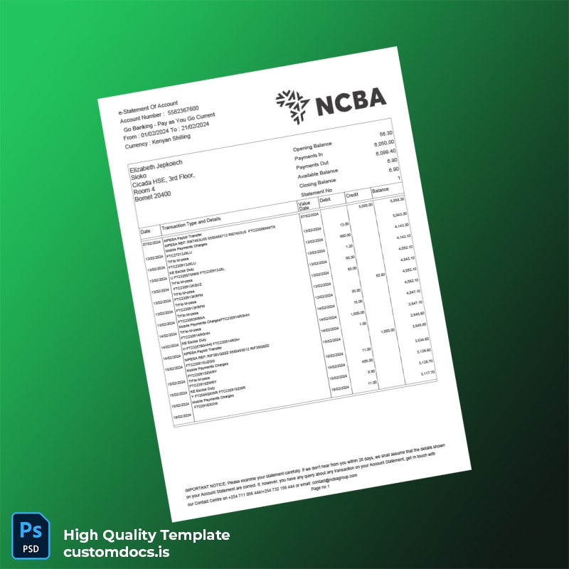 Kenya NCBA Bank Statement Template in Word and PDF formats