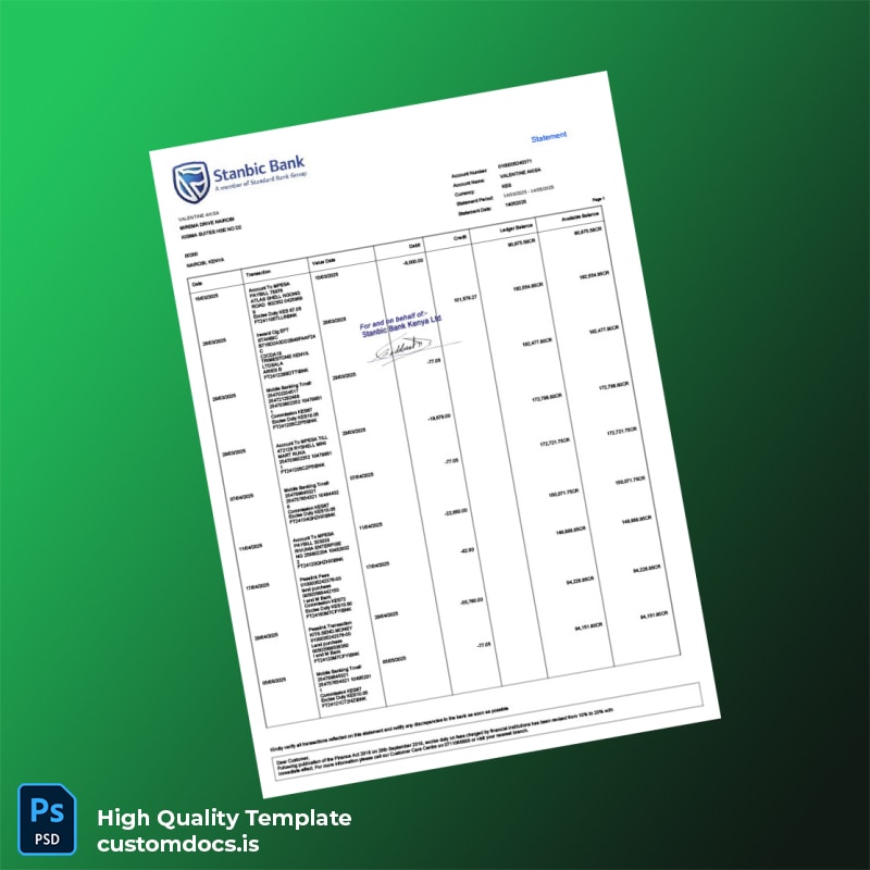 Kenya Stanbic Bank Statement Template in Word and PDF formats