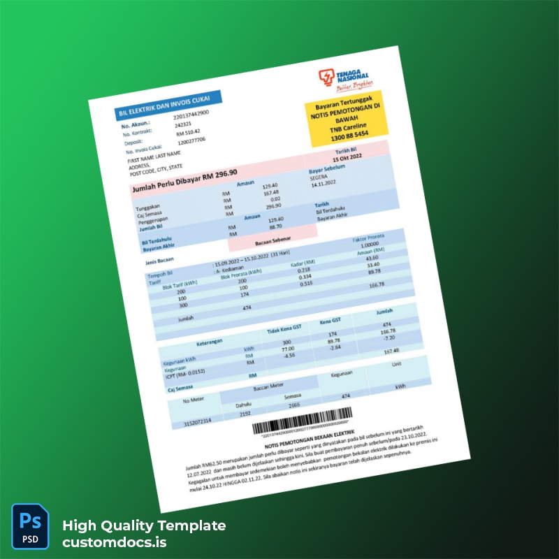 Malaysia Tenaga Nasional Berhad Editable Electricity Bill Template in Word and PDF formats