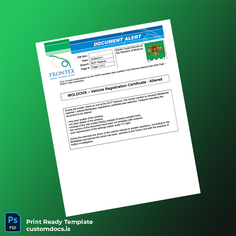 customizable Moldova Border Guard Service Vehicle Registration Certificate Template - Word & PDF File Preview