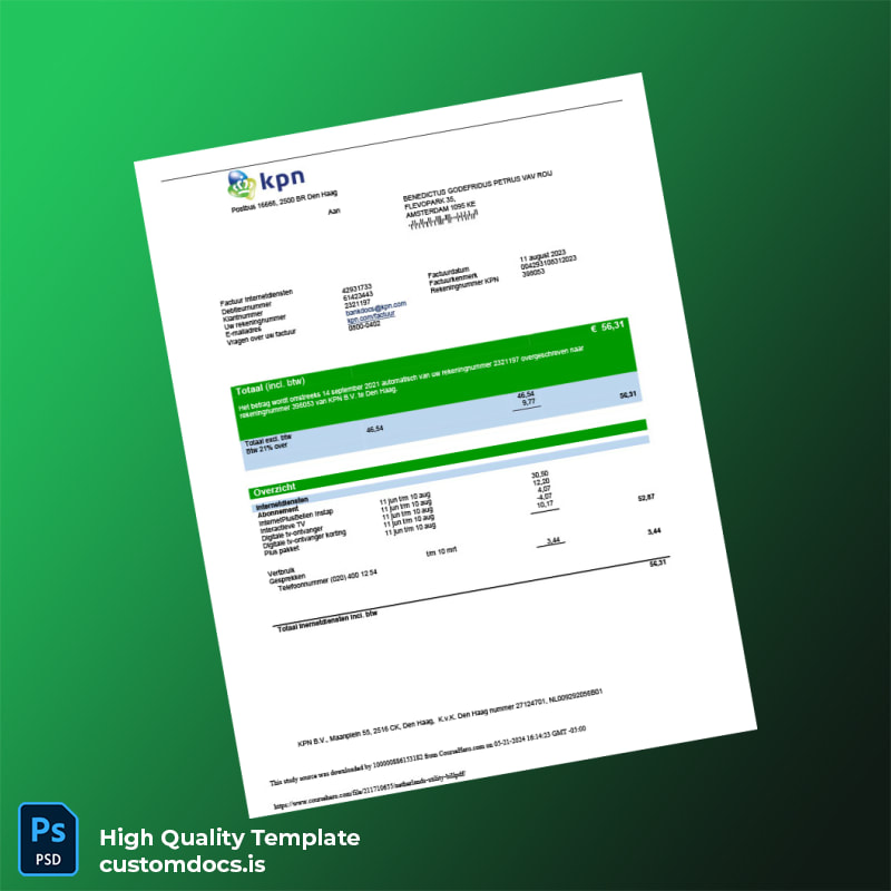 Netherlands KPN B V Editable Utility Bill Template in Word and PDF formats