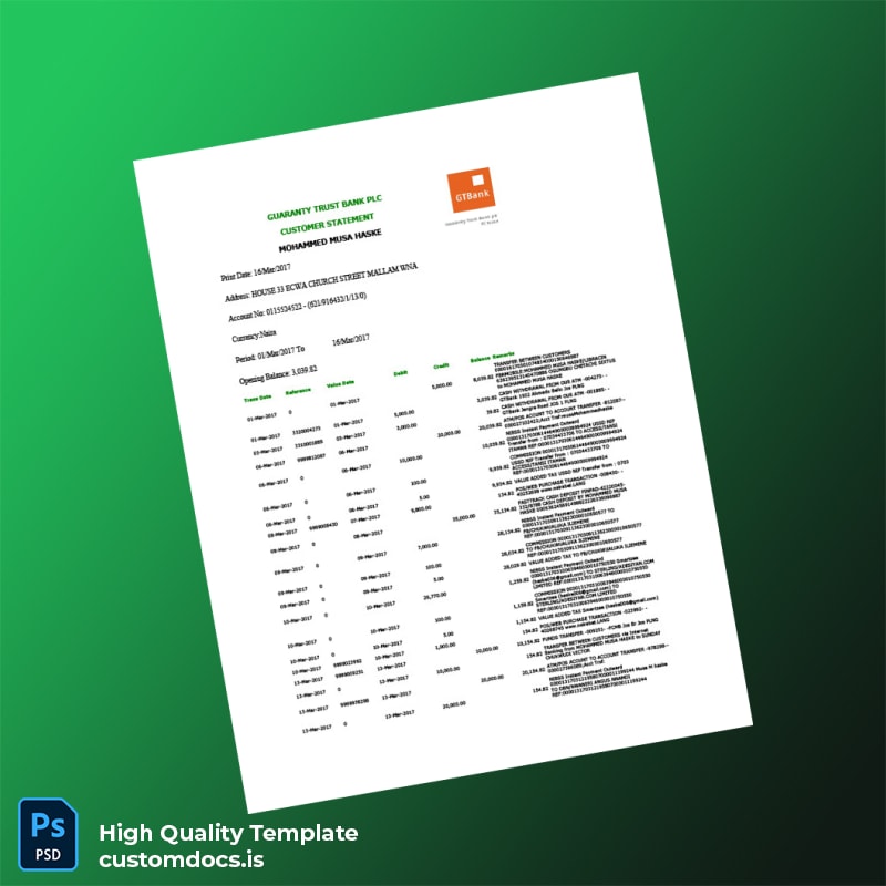 Nigeria Guaranty Trust Bank Account Statement Template in Word and PDF formats
