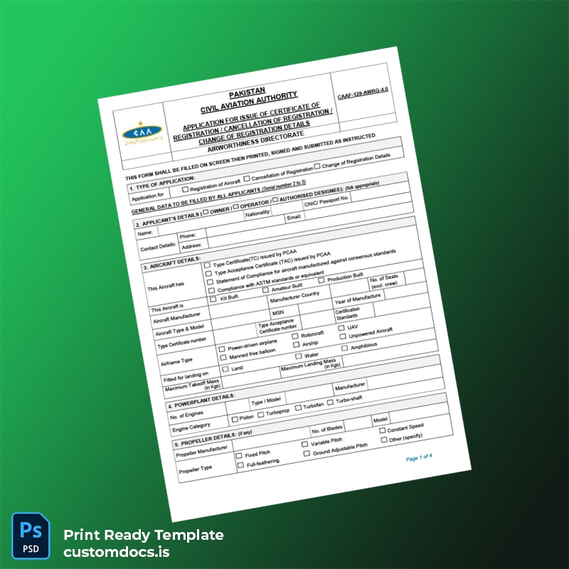 customizable Pakistan Civil Aviation Authority Application for Issue of Certificate of Registration Cancellation of Registration Change of Re File Preview