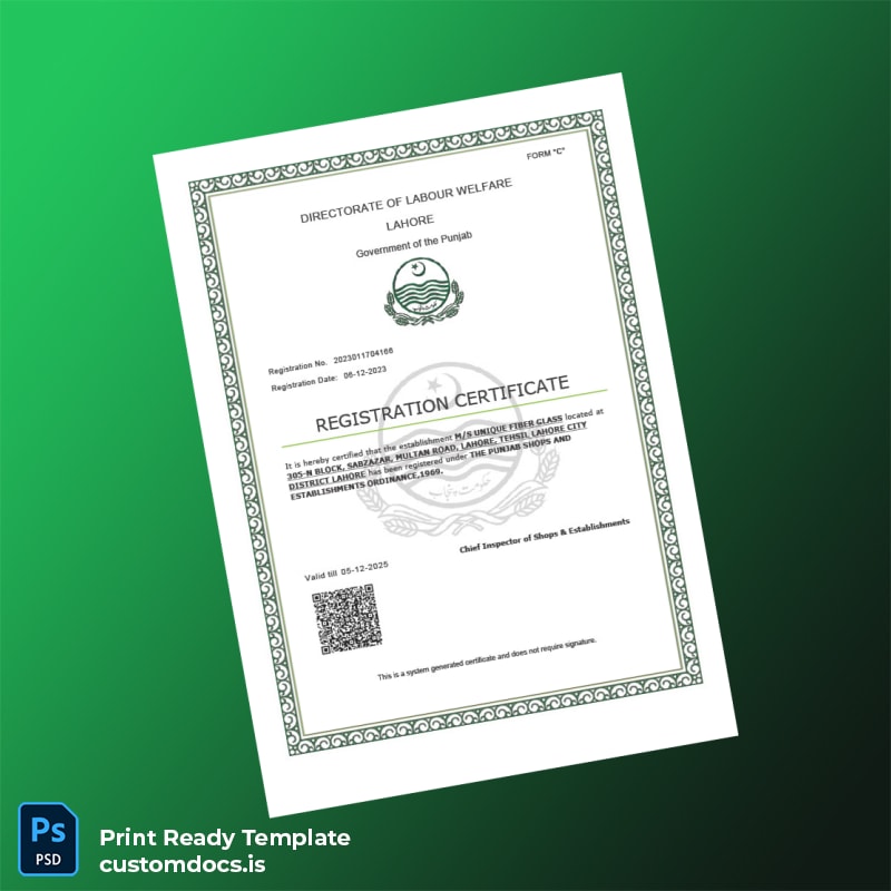customizable Pakistan Directorate of Labour Welfare Registration Certificate Template - Word & PDF File Preview