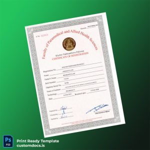 customizable Pakistan Khyber Pakhtunkhwa Pharmacy Registration Certificate Template - Word & PDF File Preview