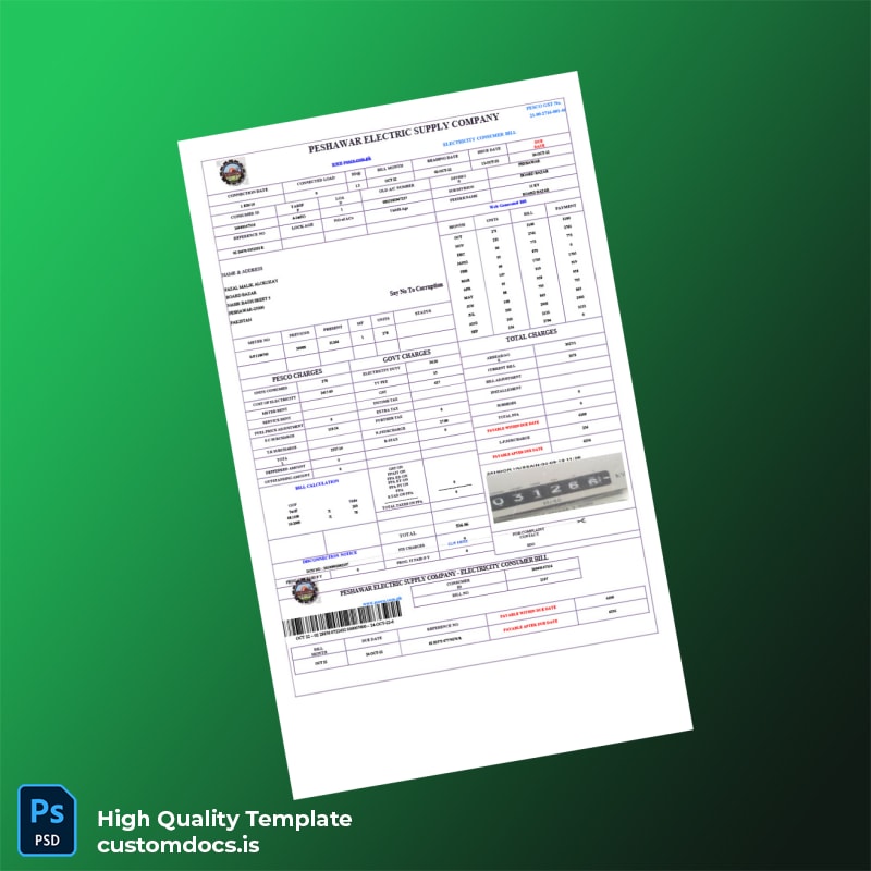 Pakistan Peshawar Electric Supply Company PESCO Editable Electricity Bill Template in Word and PDF formats