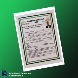 custom Pakistan Punjab Pharmacy Council Registration Certificate Template - Word & PDF File Preview - CustomDocs