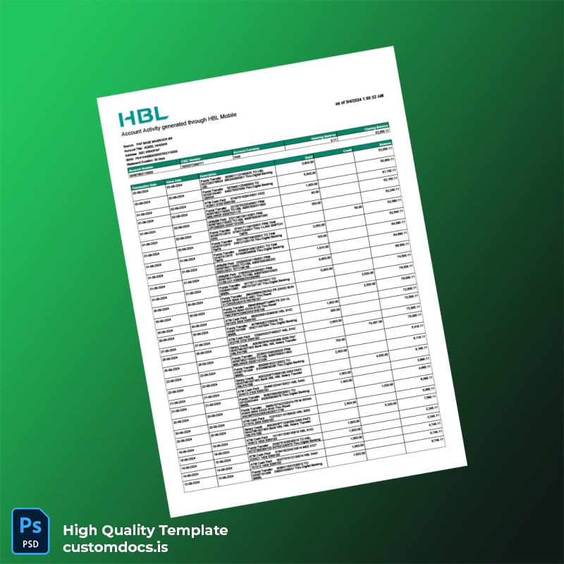 Pakistan UBL Account Statement Template in Word and PDF formats