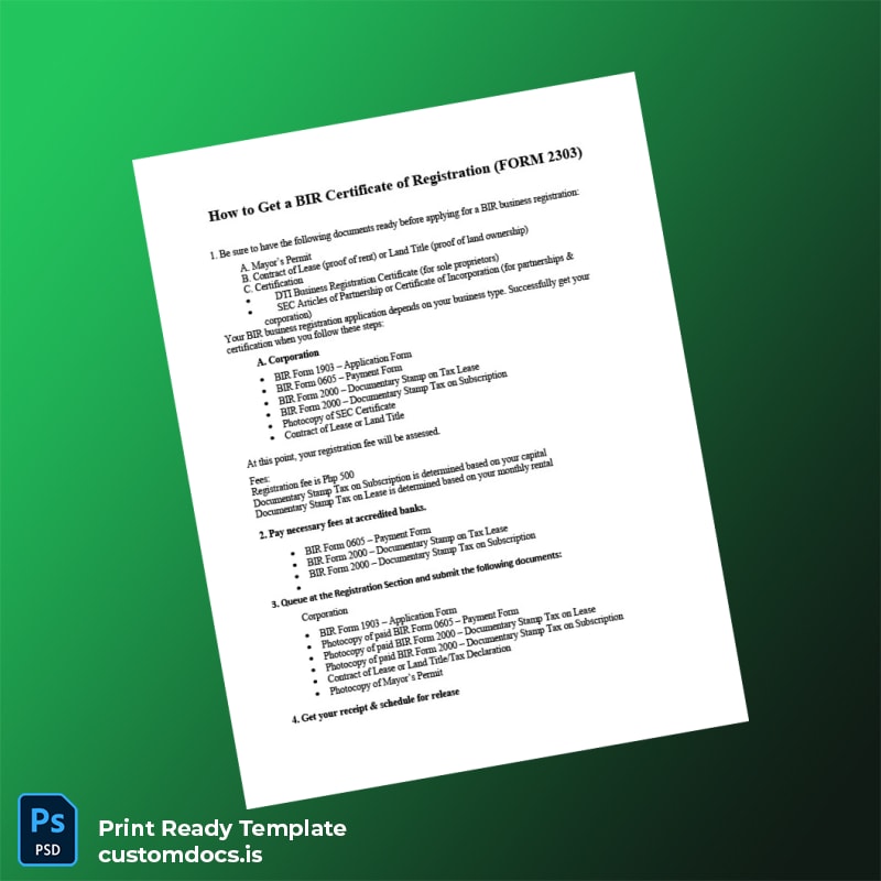 customizable Philippines BIR Registration Certificate Template - Word & PDF File Preview