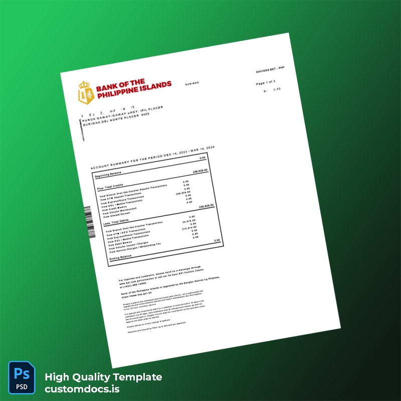 Philippines Bank Of The Philippine Islands Bank Statement Template in Word and PDF formats