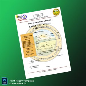 customizable Philippines Barangay Campacion Late Registration Certificate Template - Word & PDF File Preview