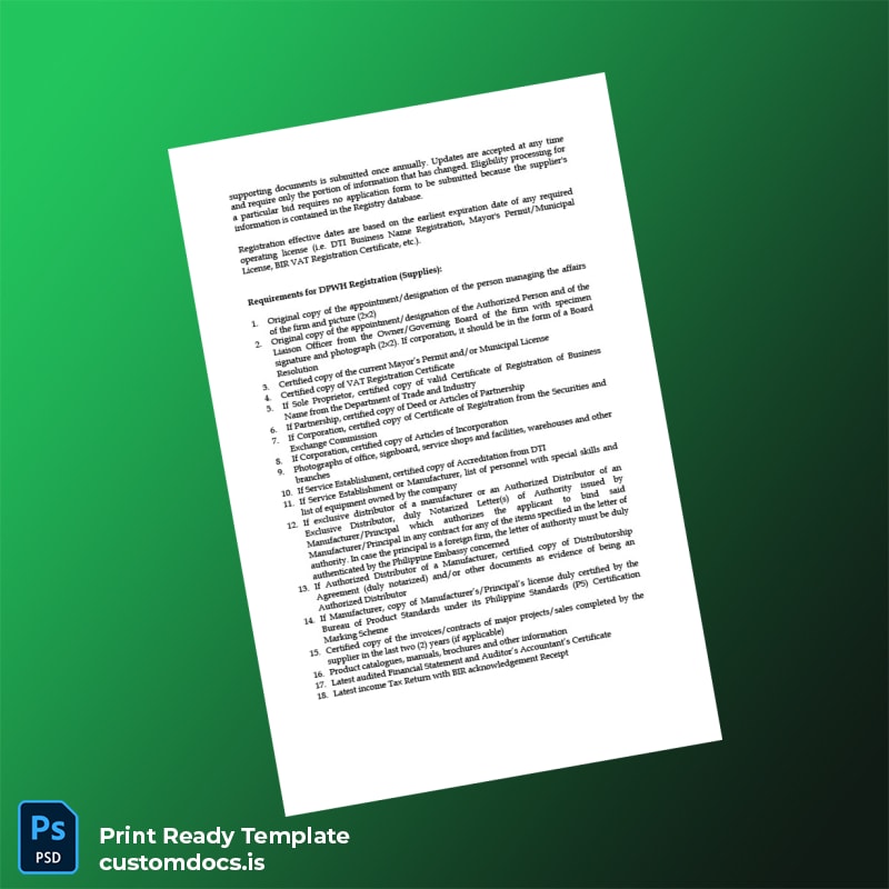 Custom Philippines DPWH Business Registration Certificate Template in Word and PDF formats page 3 File Preview - CustomDocs