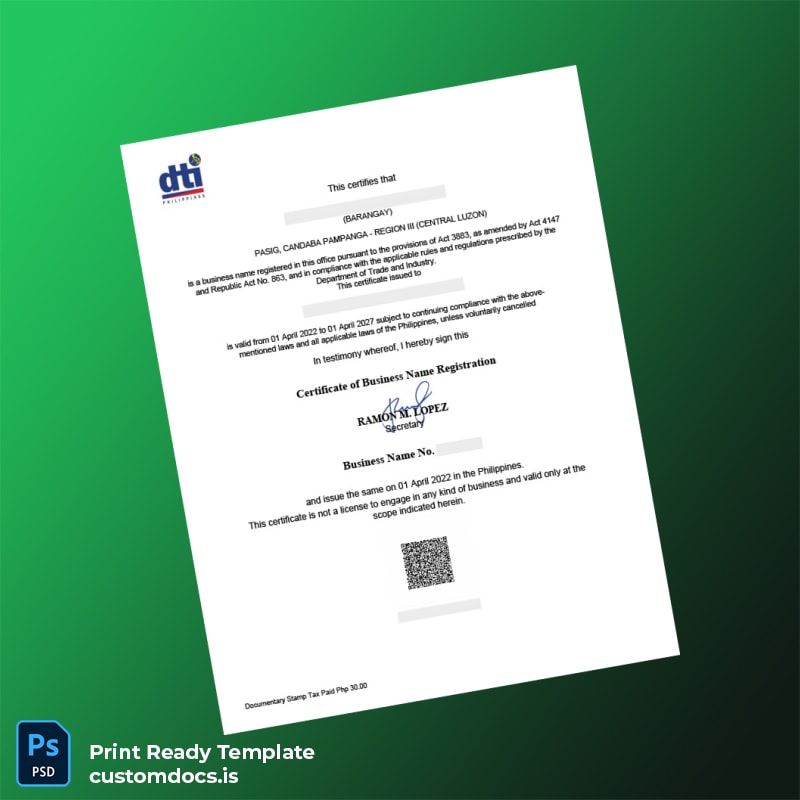custom Philippines Department of Trade and Industry Business Registration Certificate Template - Word & PDF File Preview - CustomDocs