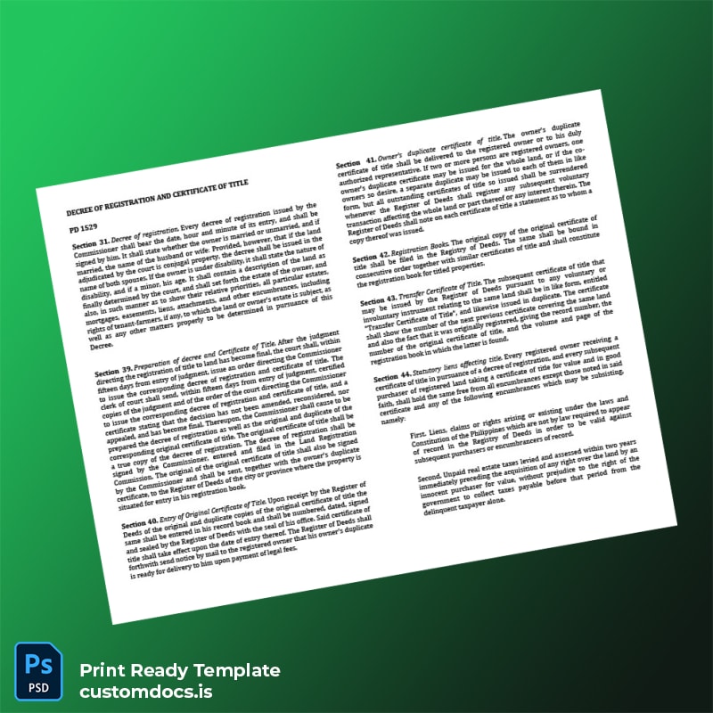 custom Philippines Land Registration Authority Decree of Registration and Certificate of Title Template - Word & PDF File Preview - CustomDocs