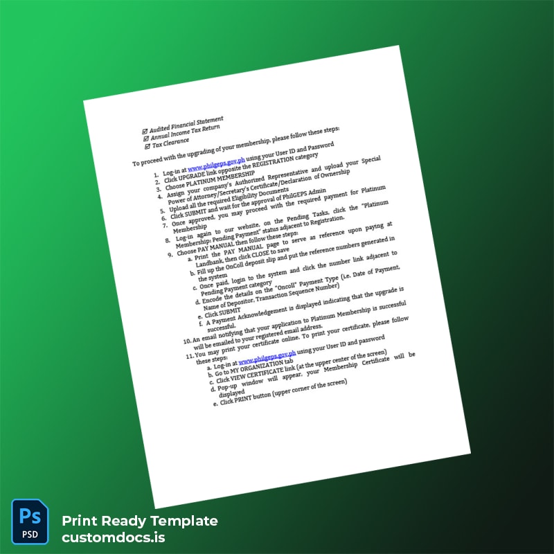 Customizable Philippines PhilGEPS Certificate of Registration Template in Word and PDF formats page 2 File Preview