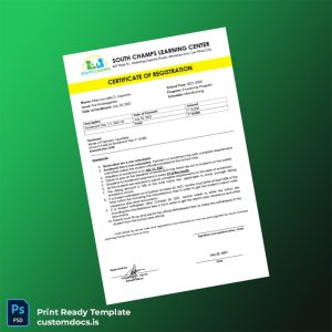custom Philippines South Champs Learning Center Certificate of Registration Template - Word & PDF File Preview - CustomDocs