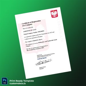 custom Poland Securities and Investments Commission Business Registration Certificate Template - Word & PDF File Preview - CustomDocs